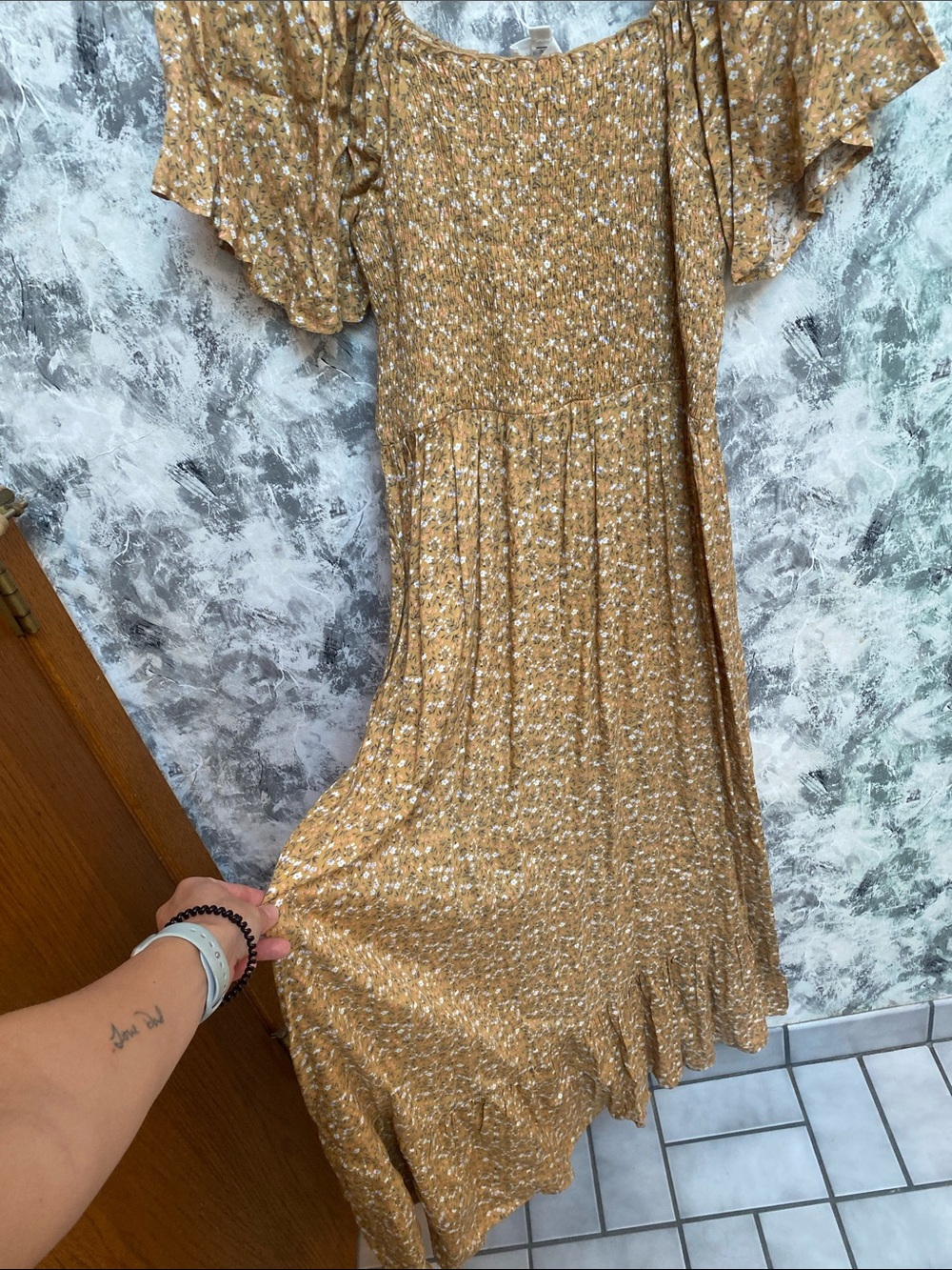 Smocked Mustard Floral Midi Dress with Flutter Sleeves - Women
